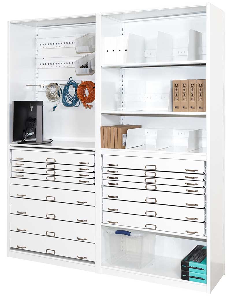 4-post shelving system with drawers
