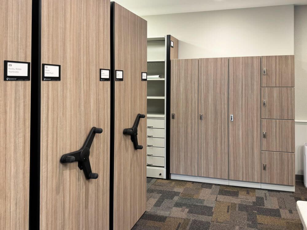 Spacesaver Mechanical-Assist system and Day Use Lockers in the Benzie workspace