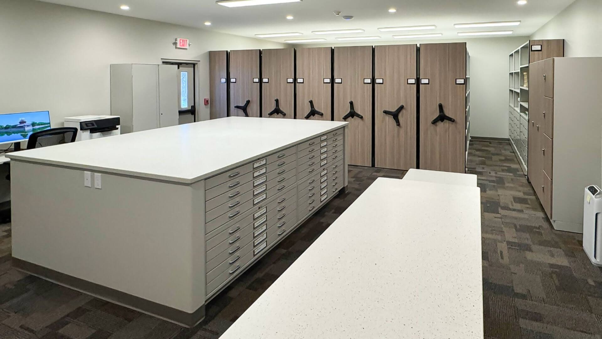 Benzie Historical Society's workspace with multiple Spacesaver systems installed