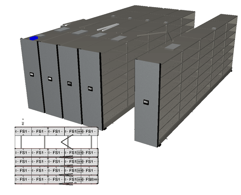 Overhead view of a Spacesaver powered high-density mobile shelving system and a 2D map of the system layout from Spacesaver's CET Extension