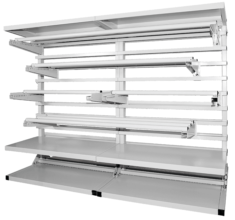 cantilever shelving rack with rolled textile holders