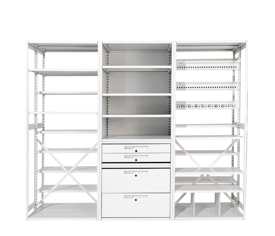 Empty Spacesaver 4-Post FreeSpan Shelving System