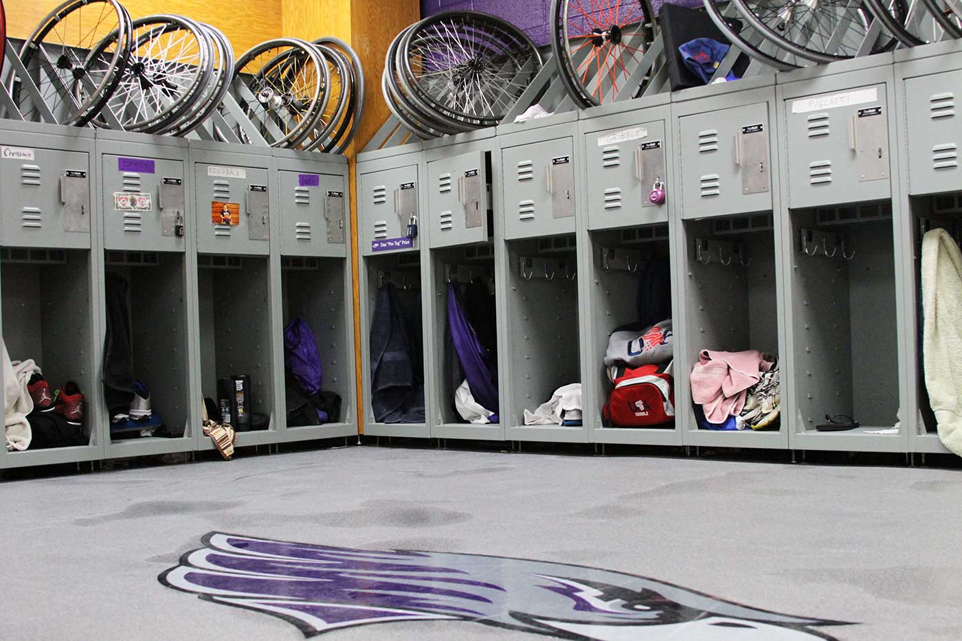 Locker room with custom lockers for UWW's wheelchair basketball team