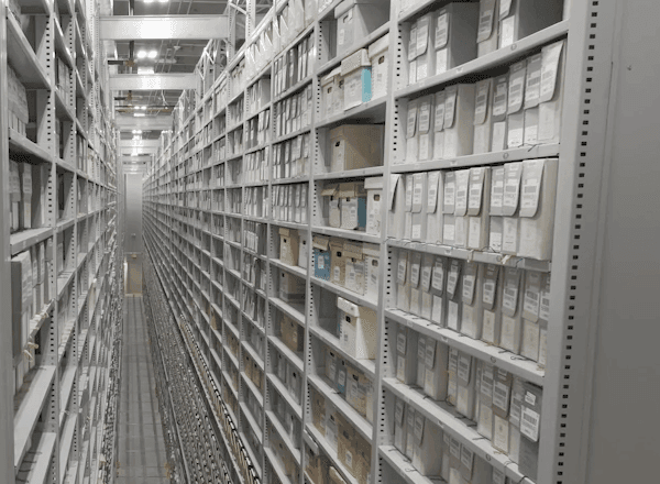 Spacesaver High-Bay shelving storing hundreds of banker boxes of Ivy library's collections