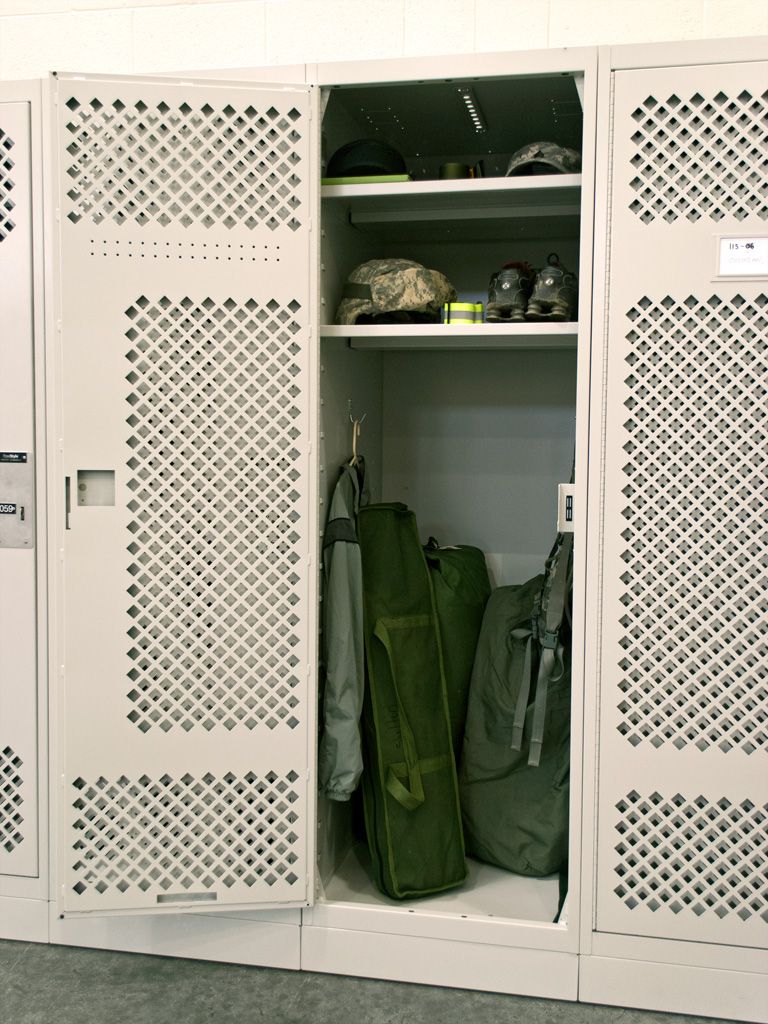 Open national guard locker containing various pieces of gear
