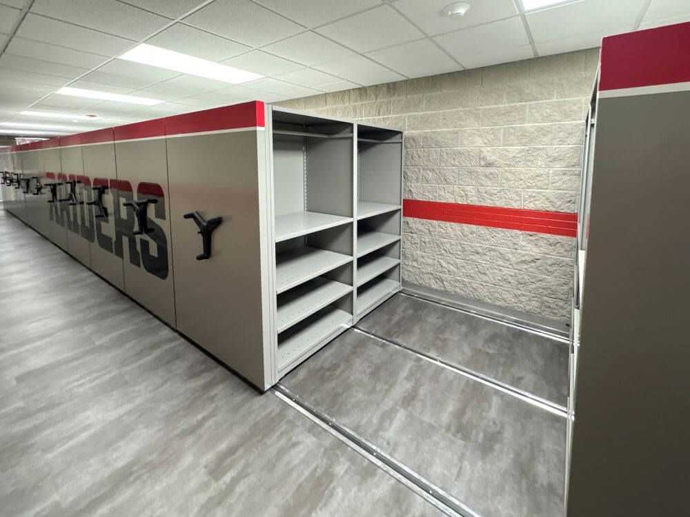 Empty 4-Post FreeSpan Shelves in an open aisle of a High-Density Mobile System