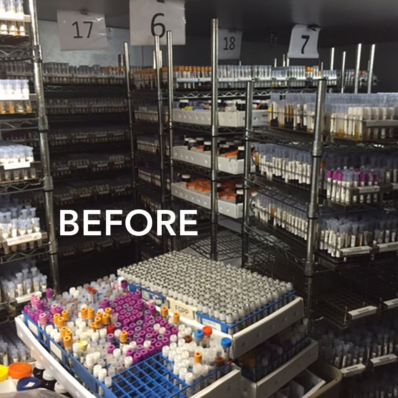 cluttered pathology lab with samples all over on assorted shelving before Spacesaver installed solutions