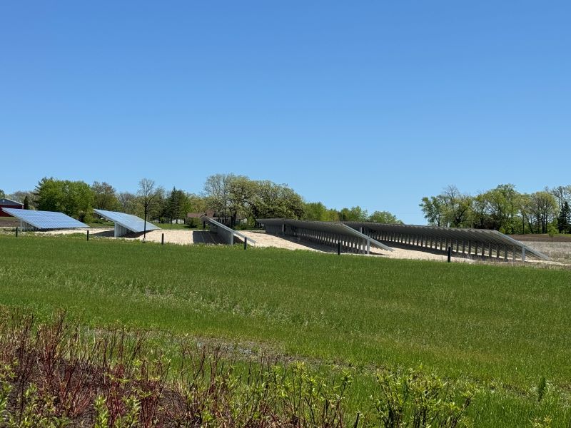 Five rows of solar panels in a field