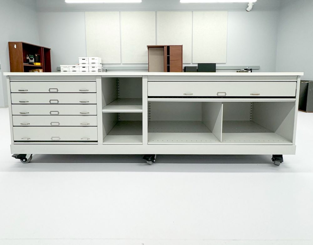 A Spacesaver worktable with drawers and trays in the Pritzker Archives Center