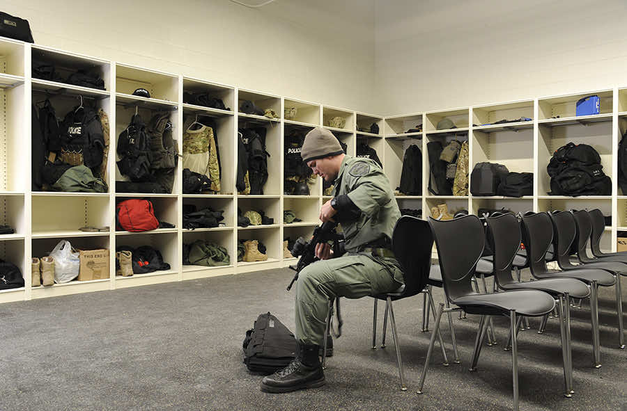 tactical unit shelving as open gear lockers