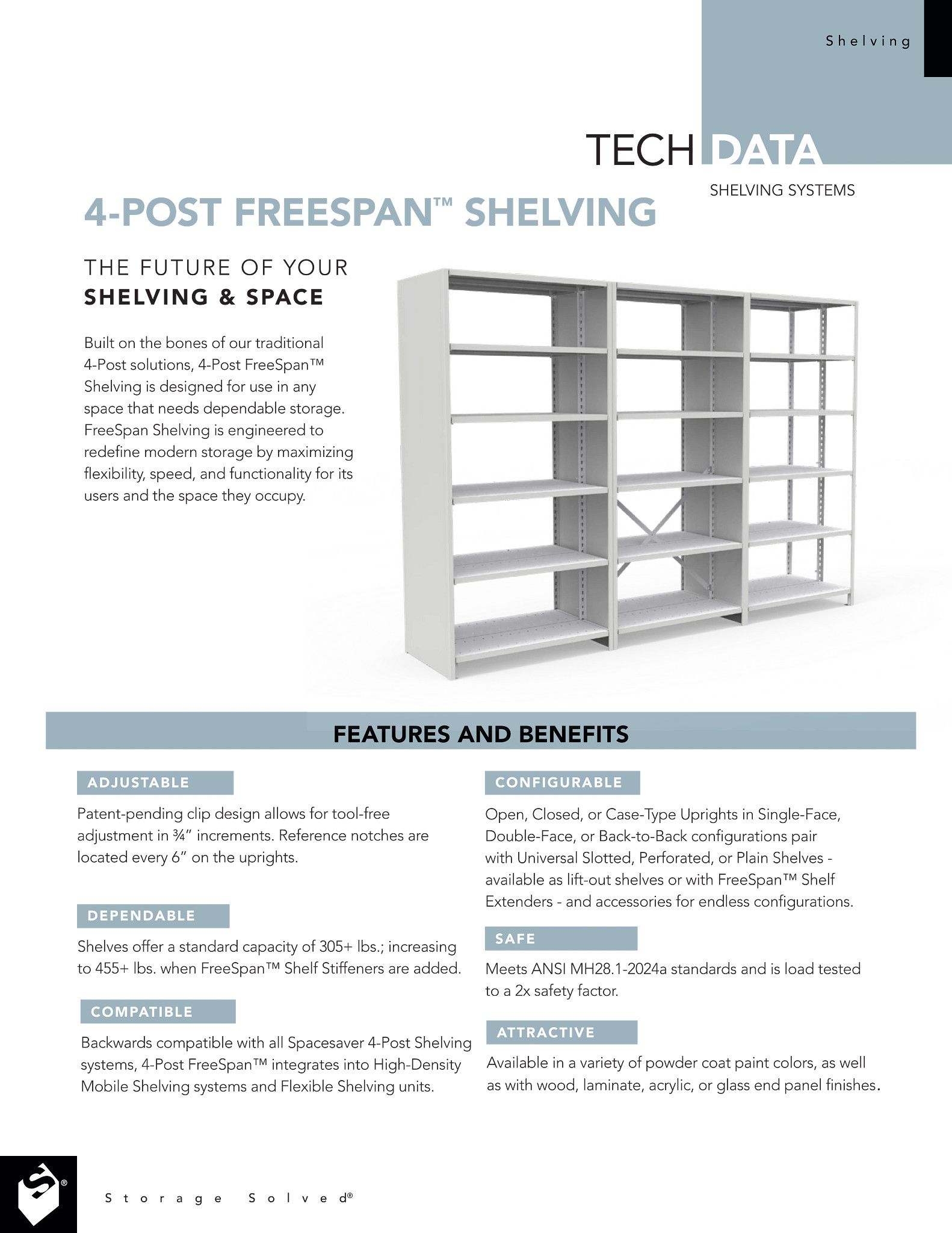 Spacesaver 4-Post FreeSpan Shelving Tech Data Sheet Preview