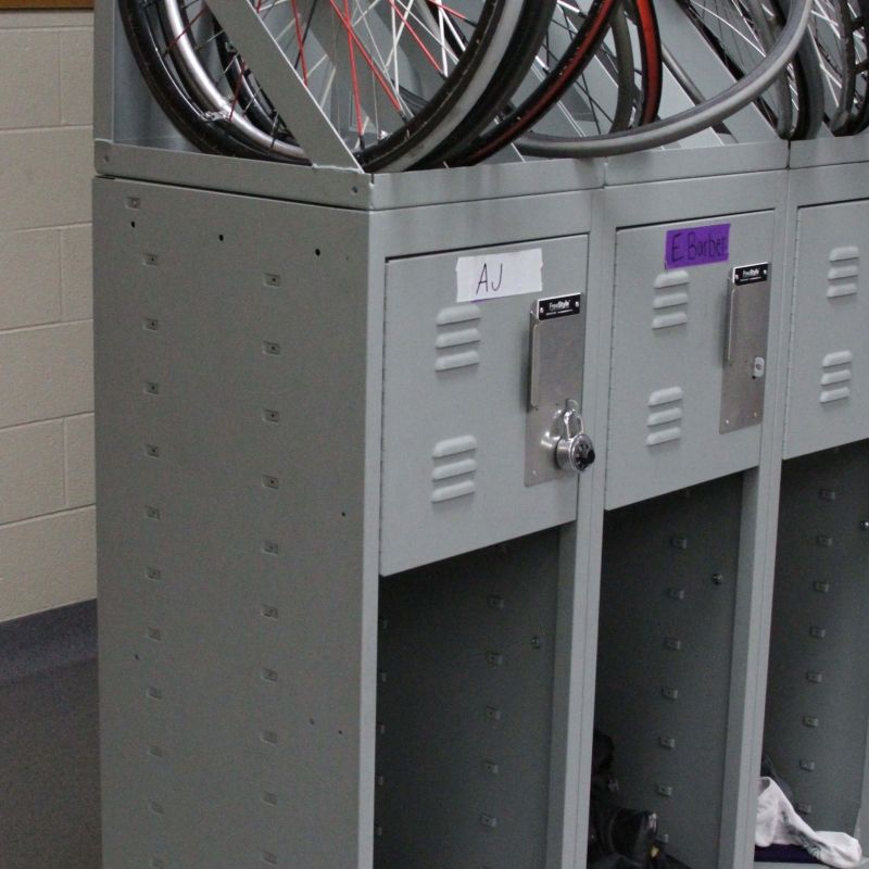 Side view of custom lockers for wheelchair basketball team