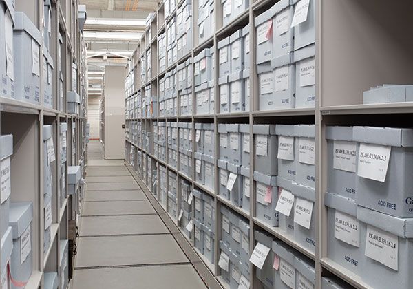 Museum archival boxes on Spacesaver high-density mobile storage system