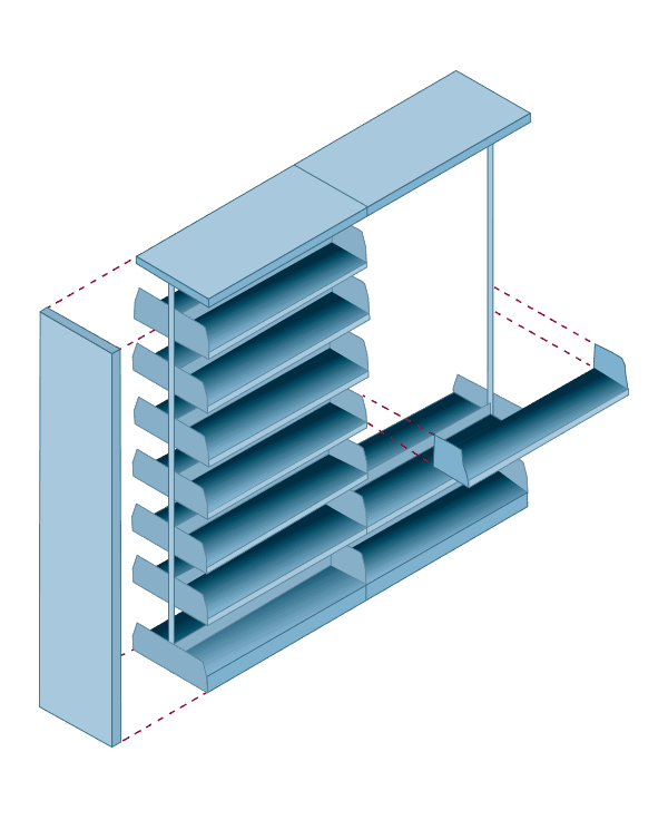 Graphic showing how shelves and side panels remove from a stationary cantilever shelving unit