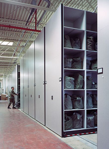 ActivRAC mobile storage solution holding military gear in warehouse