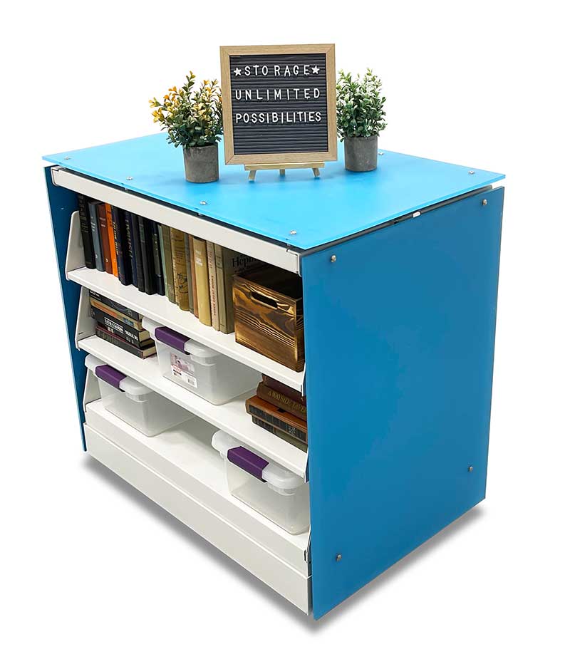 concealed caster flexible shelving unit with blue acrylic end panels