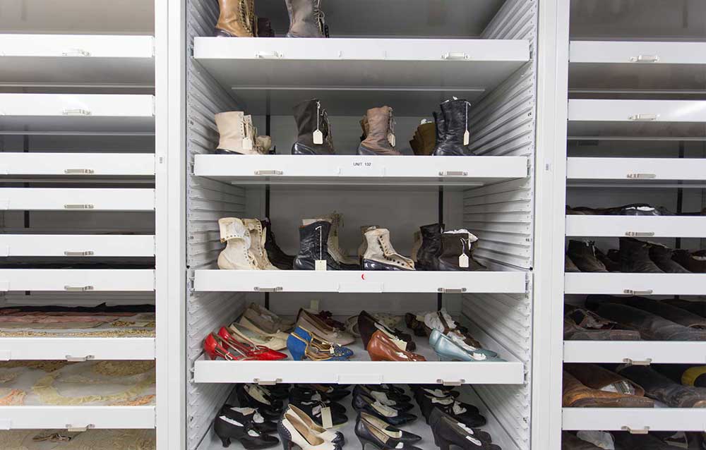 Shoe collection stored on pull-out trays
