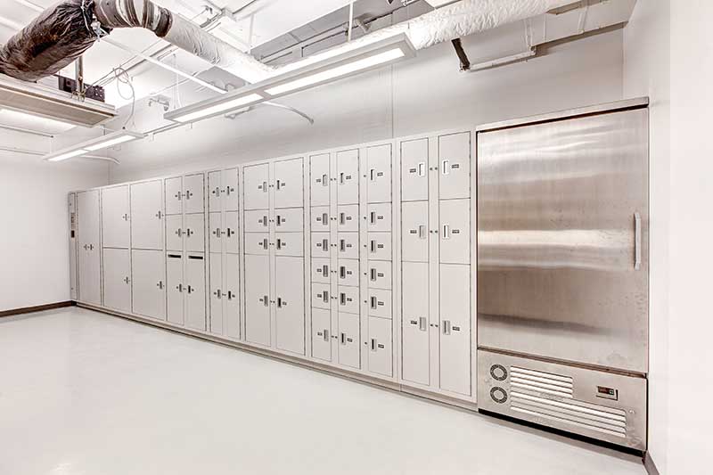 evidence locker wall with large refrigerated evidence locker