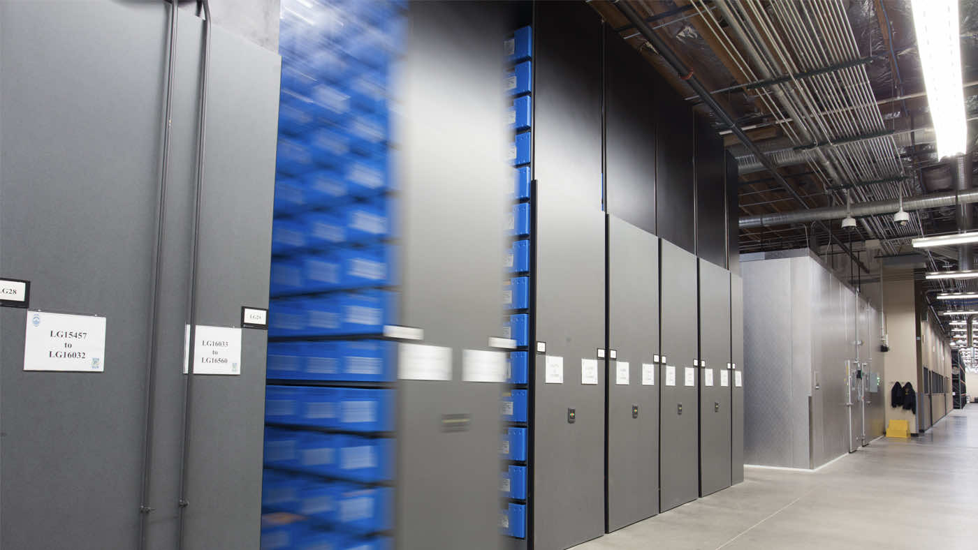 Evidence storage warehouse containing spacesaver mobile shelving system