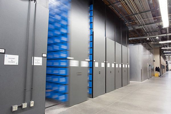 evidence storage warehouse spacesaver shelving on rails high-density storage