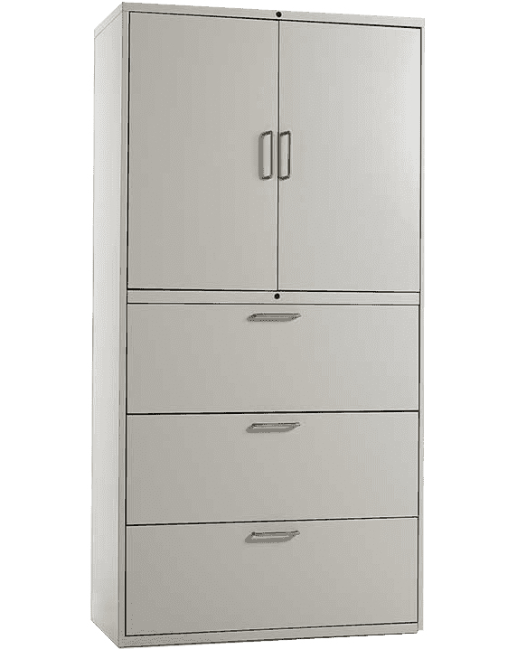 three drawer filing cabinet with split doors at the top