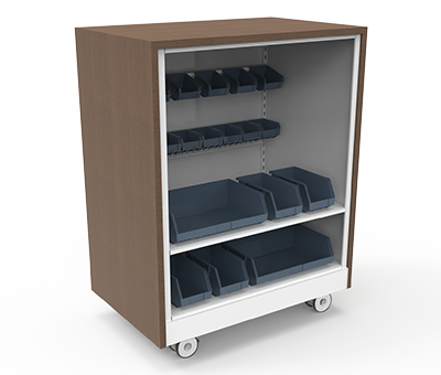 flexible shelving with small parts bins