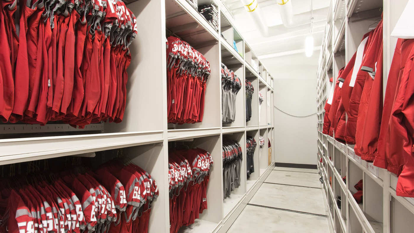 Football jerseys on configurable mobile shelving system