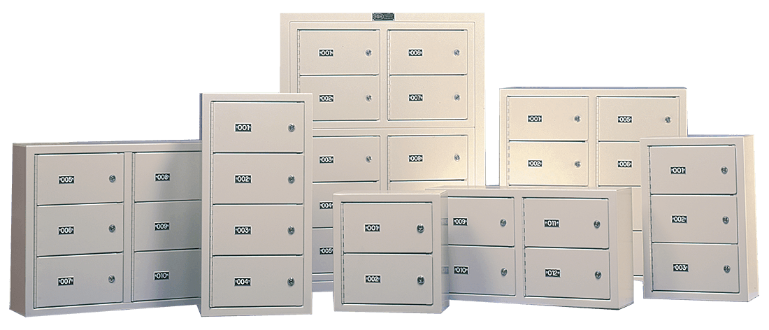 multiple wall-mounted gun lockers shown in available sizes