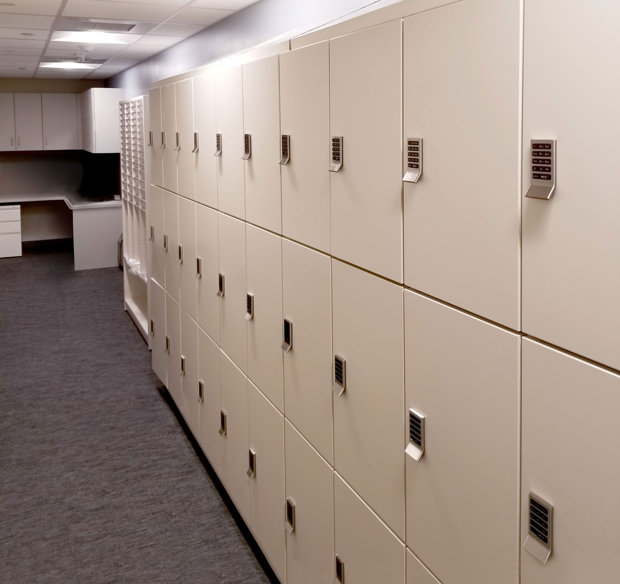 personal storage locker wall in a healthcare facility