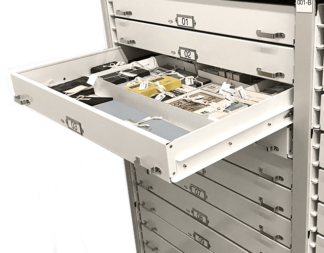 high-density museum mobile shelving trays and drawers