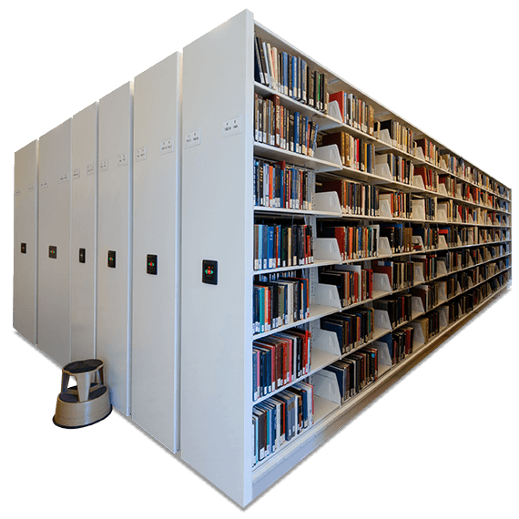 books on a powered mobile shelving system