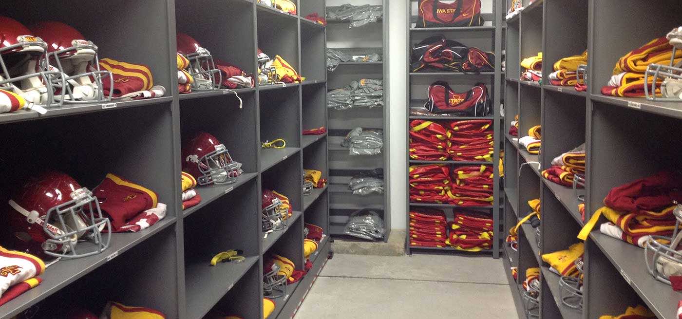 ISU football helmets and jerseys on Spacesaver shelving systems