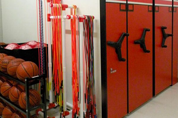 K12 school sport equipment storage system with jump ropes and basketballs