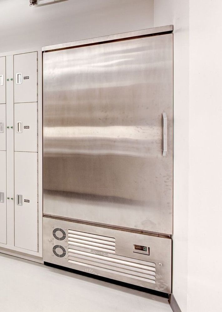 Metal refrigerated locker in a police department evidence room