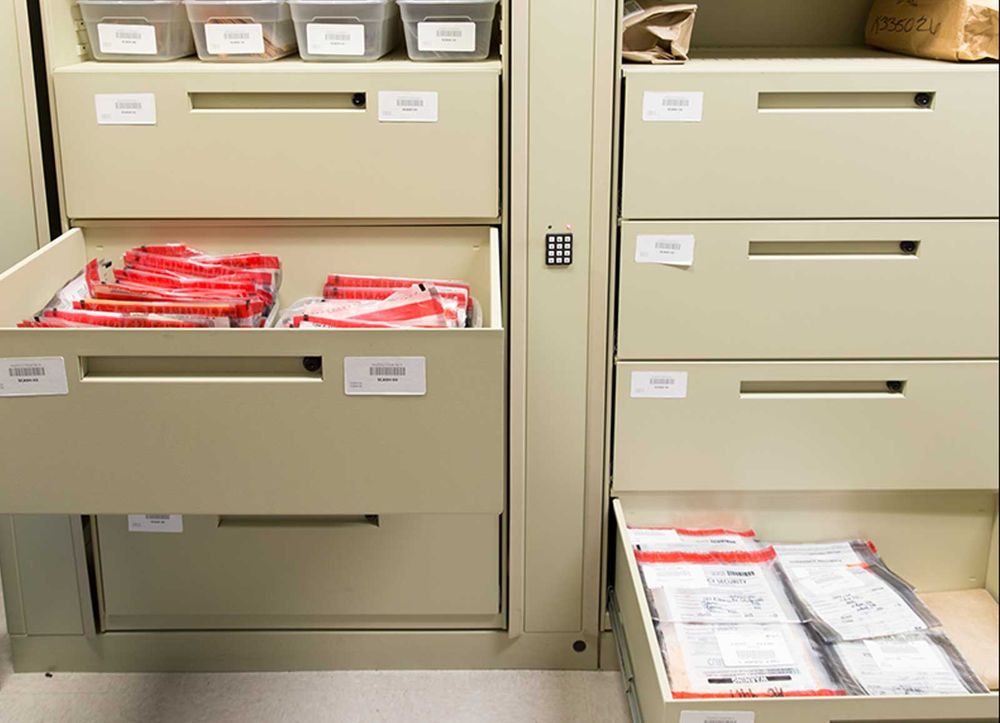 multi-drawer filing cabinets in a police station