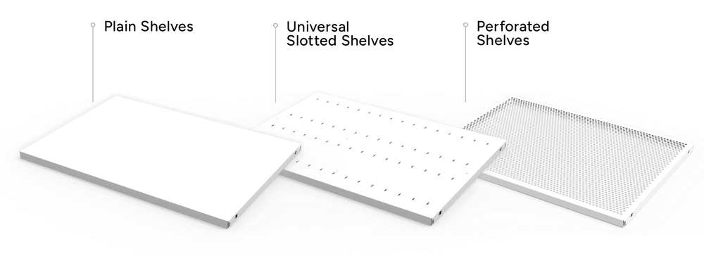 Plain, Universal Slotted, and Perforated 4-Post FreeSpan Shelves
