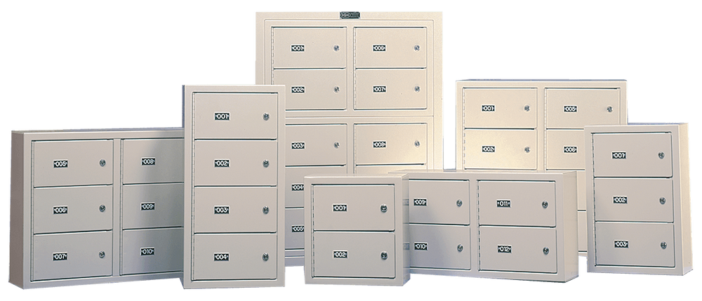 multiple wall-mounted gun lockers shown in available sizes