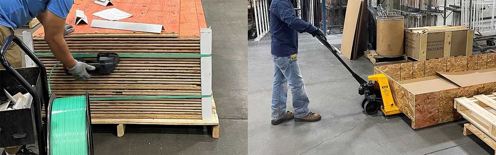 Spacesaver employees getting pallets ready for shipping