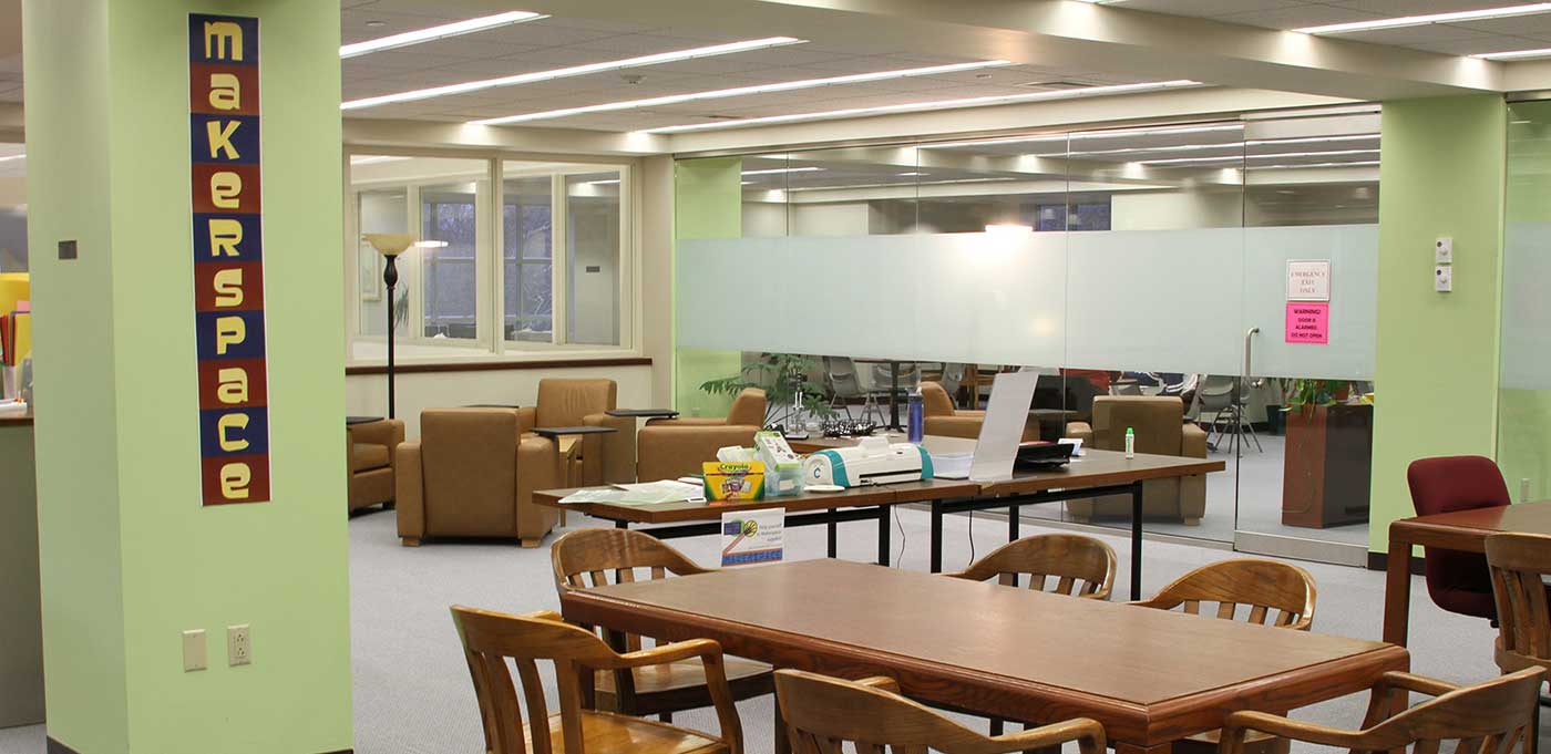 library makerspace full of tables and chairs