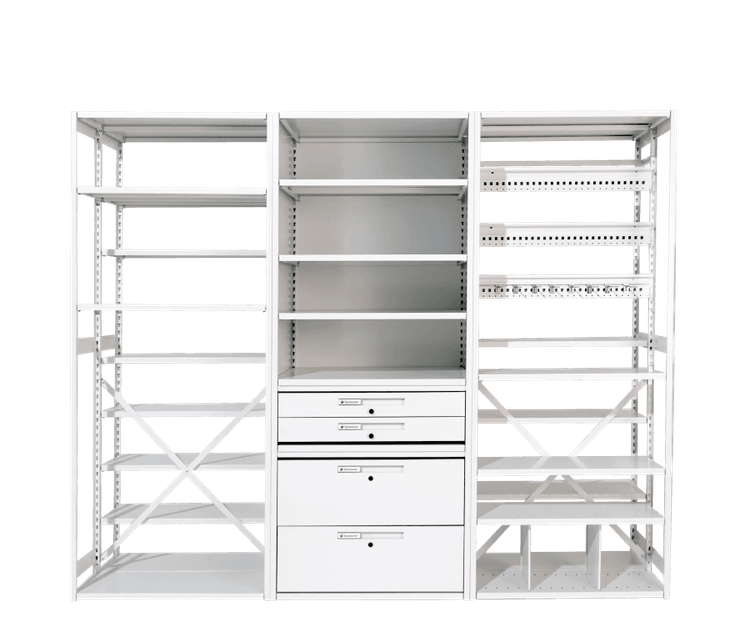Empty Spacesaver 4-Post FreeSpan Shelving System