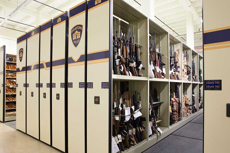 weapon shelving in high-density mobile system for evidence storage