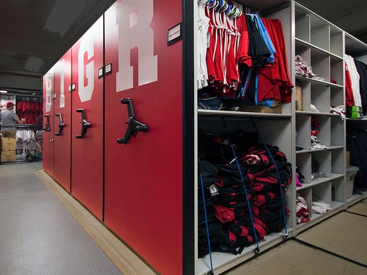 collegiate athletic equipment compact shelving system