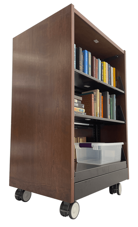 flexible shelving unit with dark woodgrain end panels