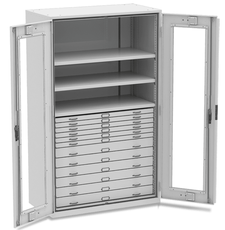 preservation cabinet with drawers and shelves
