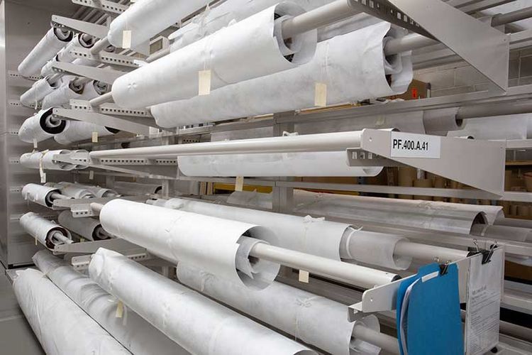 rolled textile rack on cantilever shelving
