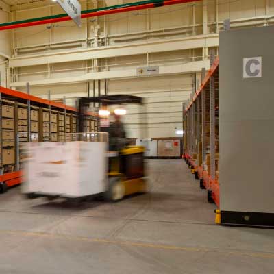 military warehouse high-density mobile shelving