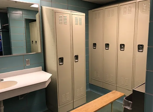 Mishawaka Police Department old locker room with tan lockers