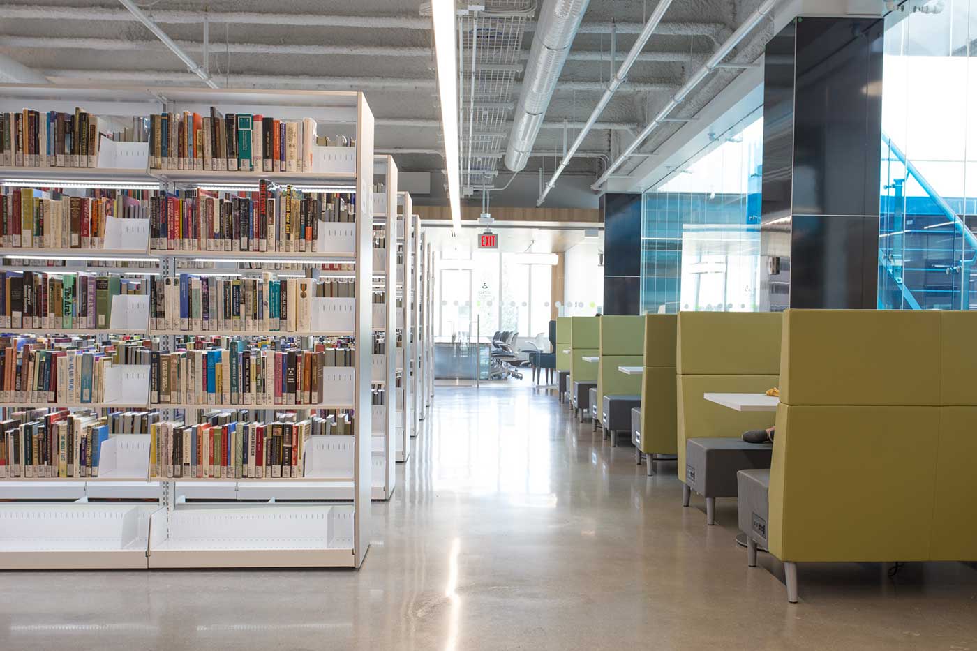 library shelving collection at mount royal univeristy