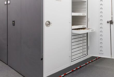 Spacesaver museum preservation cabinet with open drawer