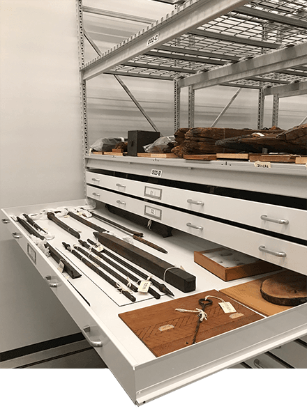 museum pull out tray metal shelving system